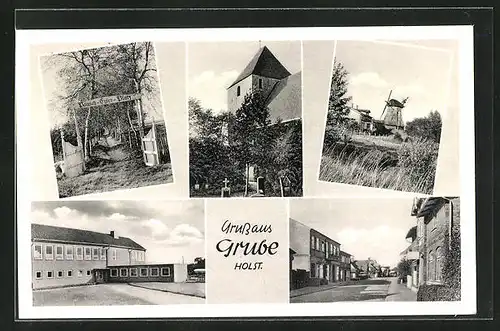 AK Grube in Holst., an der Kirche, Windmühle, Strasse mit den Wohnhäusern