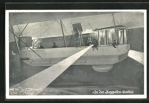 Künstler-AK In der Zeppelin-Gondel, Soldaten richten Scheinwerfer auf eine Stadt