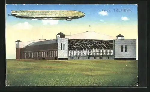 Künstler-AK Leipzig, Zeppelin über der Luftschiffhalle
