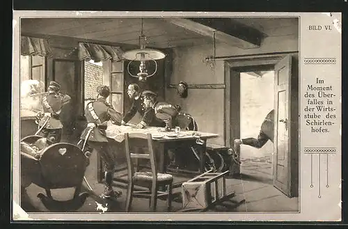 Künstler-AK Im Moment des Überfalls in der Wirtsstube des Schirlenhofes, Reichseinigungskriege