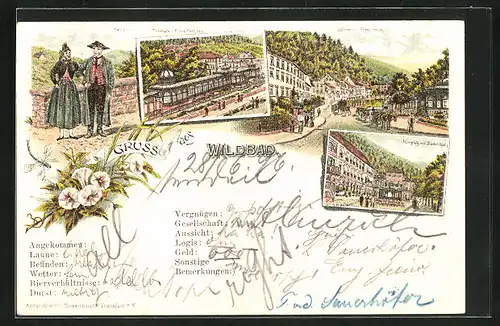 Lithographie Wildbad, Kurplatz mit Badehôtel, Trinkhalle u. König-Karlsbad, Körner- u. Olgastrasse