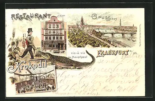 Lithographie Frankfurt a. M., Brauerei Essighaus Gasthaus Krokodil, Innenansicht, Teilansicht mit Brücke