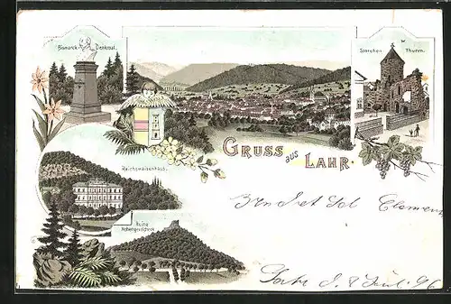 Lithographie Lahr, Reichswaisenhaus, Ruine Hohengeroldseck, Storchen-Turm