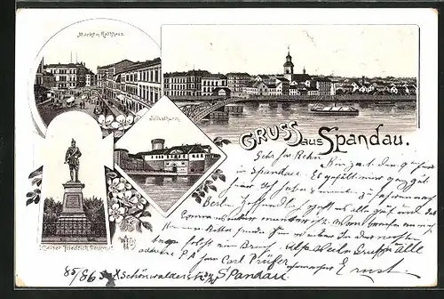 Vorläufer-Lithographie Berlin-Spandau, 1895, Markt mit Rathaus, Juliusturm, Kaiser Friedrich Denkmal