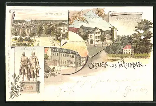 Lithographie Weimar, Göthe`s Gartenhaus, Schiller`s Wohnhaus, Teilansicht mit Strassenpartie v. Bahnhof