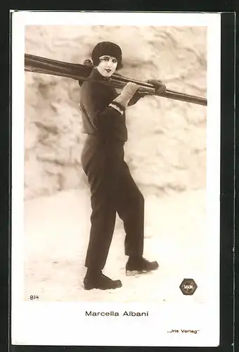 AK Schauspielerin Marcella Albani mit Skiern