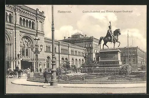 AK Hannover, Centralbahnhof und Ernst-August-Denkmal