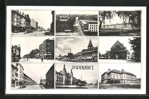 AK Pardubice, verschiedene Strassen- und Gebäudeansichten