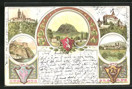 Lithographie Pernstein, Vysehrad, Hradcany, Wappen