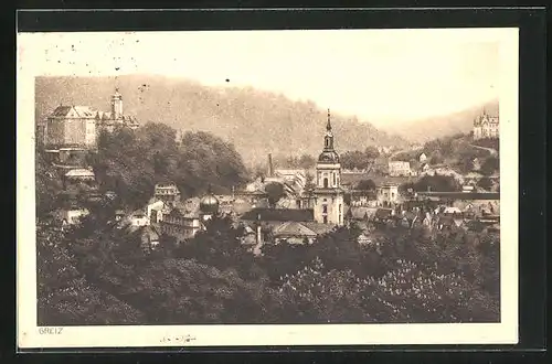 AK Greiz /Thür., Ortsansicht mit Kirche und Schloss