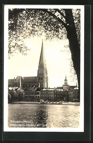 AK Schwerin /Mecklenburg, Pfaffenteich mit Blick auf Dom