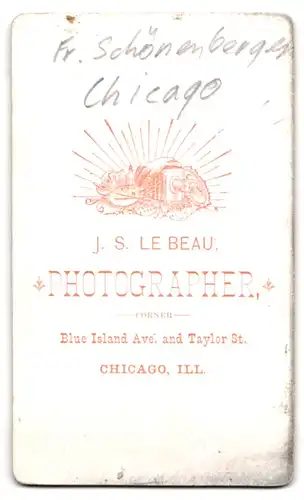 Fotografie J. S. Le beau, Chicago, Blue Island Avenue, Junge Dame mit hübschen Gesicht, Frau Schönenberger