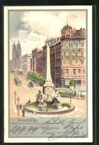 Lithographie Magdeburg, Strassenabhn am Hasselbachplatz mit Denkmal