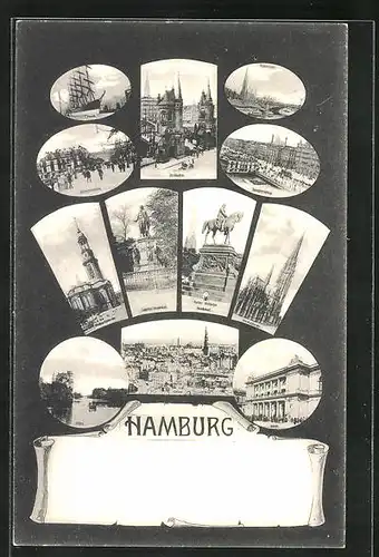 AK Hamburg, Alsterpavillon, Jungfernstieg, Schiller Denkmal