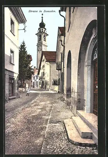 AK Samaden, Strassenpartie mit Uhrenturm