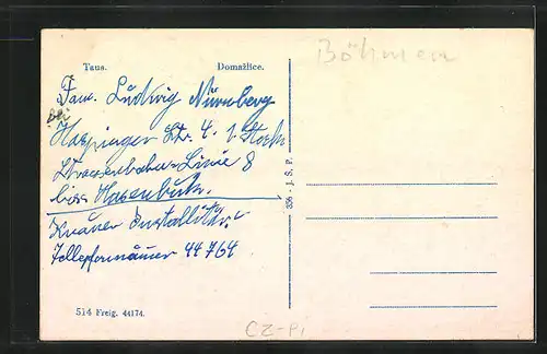 AK Taus, Strassenpartie mit Häusern und einen hohen Turm