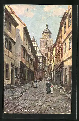 Künstler-AK Alsfeld, Strassenpartie der Fuldergasse