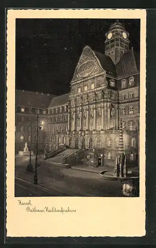 AK Kassel, Rathaus bei Nacht