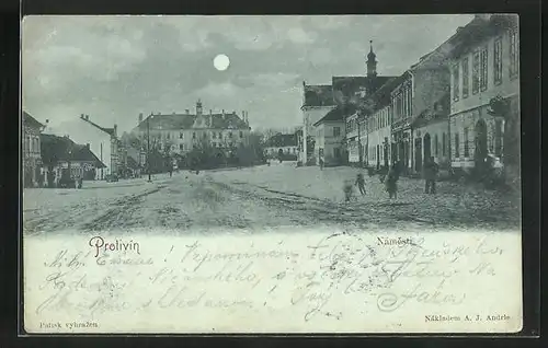 Mondschein-AK Protivin, Namesti, Marktplatz bei Nacht