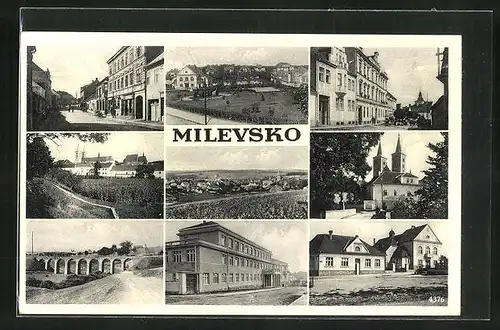 AK Milevsko, Ulice, Namesti, Kostel, Most, Panorama