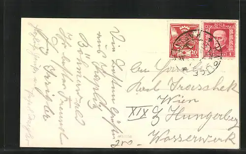 AK Kaplitz, Ortsansicht gegen Hügellandschaft