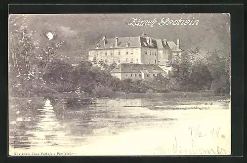 Mondschein-AK Protivin, Flusspartie mit Schloss, Zamek