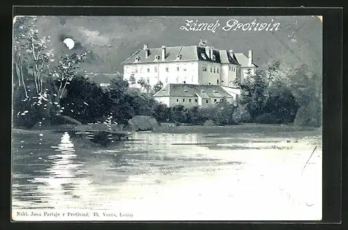 Mondschein-AK Protivin, Flusspartie mit Schloss, Zamek