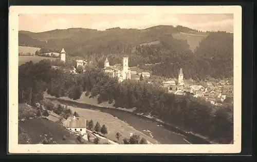 AK Rosenberg im Böhmerwalde, Panorama mit Flusspartie
