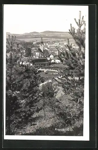 AK Kaplitz O. D., Ortspartie mit Uhrenturm