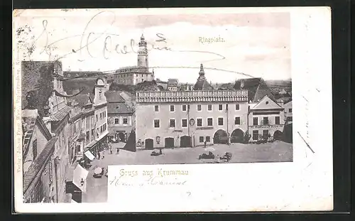 AK Krumau / Cesky Krumlov, Ringplatz mit Gasthaus Zur Sonne