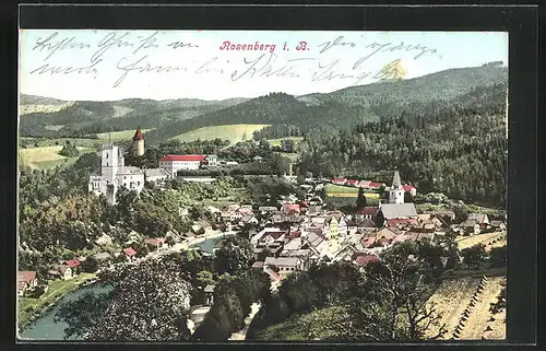 AK Rosenberg, Panorama mit Burg und Hügellandschaft