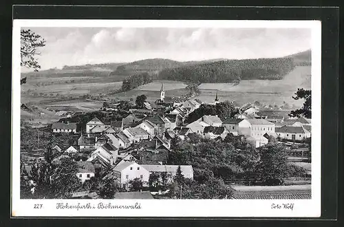 AK Hohenfurt, Ortsansicht und Hügellandschaft