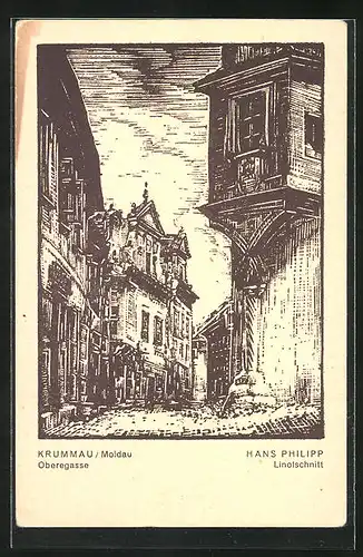 Künstler-AK Krumau, Linolschnitt Oberegasse
