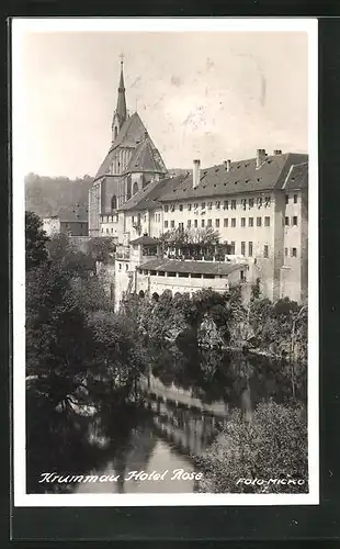 AK Krumau / Cesky Krumlov, Flusspartie und Hotel Rose