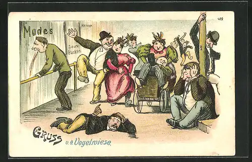 AK Volksfest auf der Vogelwiese, Betrunkene Männer und Fraue verlassen das Fest