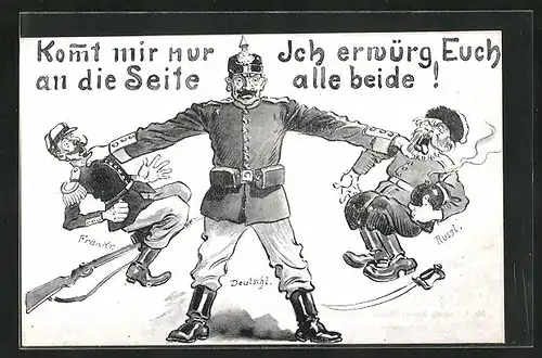 AK Deutscher Soldat erwürgt französischen und russischen Soldaten, Propaganda 1. Weltkrieg