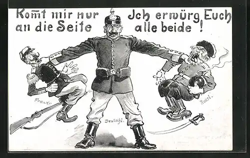 AK Deutscher Soldat erwürgt französischen und russischen Soldaten, Propaganda 1. Weltkrieg