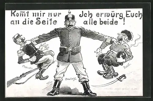 AK Deutscher Soldat erwürgt französischen und russischen Soldaten, Propaganda 1. Weltkrieg