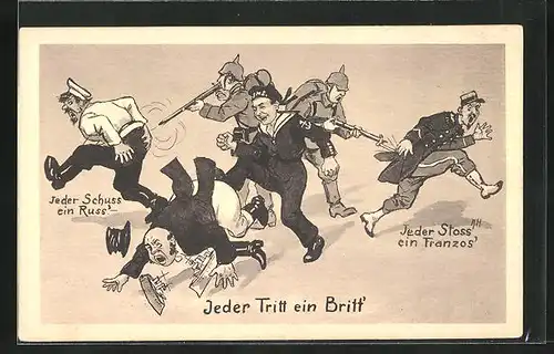 AK Deutsche Soldaten verdreschen Soldaten der Kriegsgegner, Propaganda 1. Weltkrieg