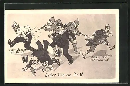 AK Deutsche Soldaten verdreschen Soldaten der Kriegsgegner, Propaganda 1. Weltkrieg