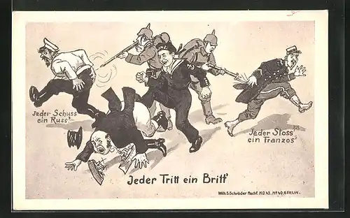 AK Deutsche Soldaten verdreschen Soldaten der Kriegsgegner, Propaganda 1. Weltkrieg