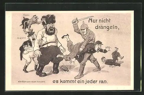 AK Deutscher Soldat verprügelt Kriegsgegner, Propaganda 1. Weltkrieg