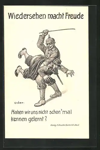 AK Deutscher Soldat versohlt den Hintern eines Feindes, Propaganda 1. Weltkrieg