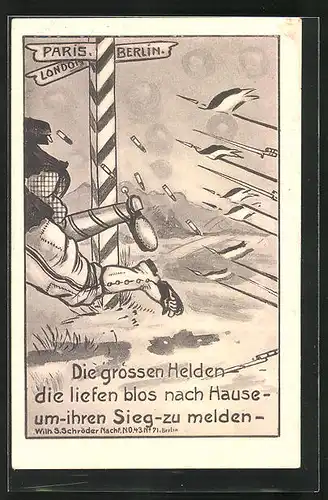 AK Französischer Soldat wird zurück nach Paris gejagt, Propaganda 1. Weltkrieg