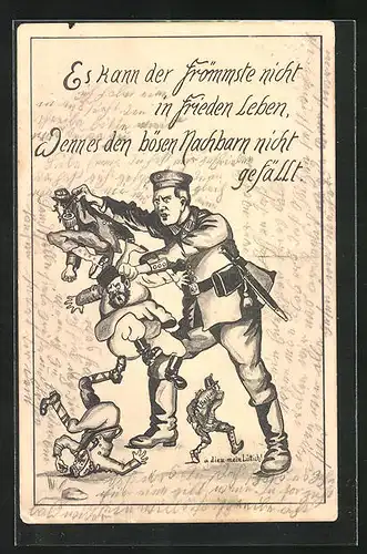 AK Deutscher Soldat verprügelt kleine feindliche Soldaten, Propaganda 1. Weltkrieg