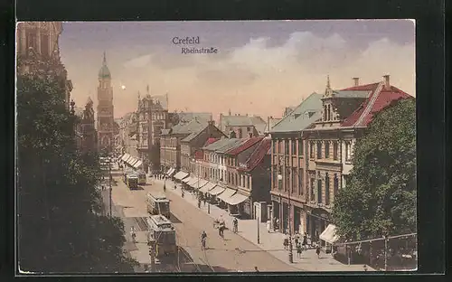 AK Krefeld, Strassenbahnen auf der Rheinstrasse