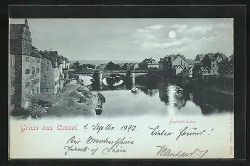 Mondschein-AK Kassel, Blick zur Fuldabrücke
