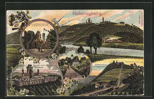 Lithographie Hohensyburg, Ruine Hohensyburg und Vinkerhurm, Kaiser Wilh. Denkmal