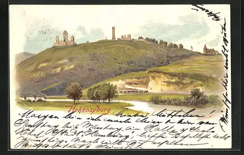 Lithographie Hohensyburg, Flusspartie mit Bergen und Burg