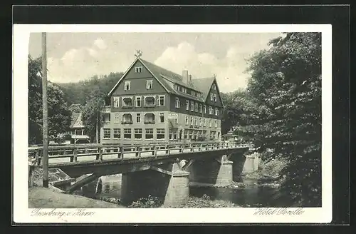 AK Treseburg i. Harz, Hotel Forelle mit Brücke